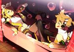  1girl bandaid bathtub black_legwear blonde_hair blue_eyes breasts brother_and_sister bubble detached_sleeves empty_bathtub food hair_ornament hairclip headphones highres kagamine_len kagamine_len_(append) kagamine_rin kagamine_rin_(append) kl navel pocky siblings small_breasts thighhighs twins vocaloid vocaloid_append 