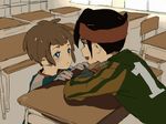  blue_eyes brown_hair classroom desk endou_mamoru headband inazuma_eleven inazuma_eleven_(series) indoors lowe_(slow) multiple_boys school_desk short_hair tachimukai_yuuki talking 