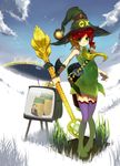  antennae bottle chinese cloud detached_sleeves farm fertilizer ge_ping grass green_eyes hat highres horizon jinkela meme moxmod necktie original personification pigeon-toed plant product_placement red_eyes sack sky solo staff television thighhighs witch_hat zettai_ryouiki 