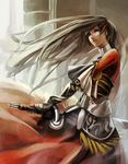  bad_id bad_pixiv_id blue_eyes brown_hair hako_(mypixid) highres long_hair original solo sword weapon 