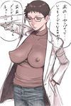  bad_id bad_pixiv_id breasts covered_nipples denim glasses hand_in_pocket hand_on_own_head impossible_clothes impossible_shirt jeans labcoat large_breasts original pants sagging_breasts see-through shirt short_hair simple_background solo takasugi_kou translated turtleneck 