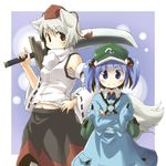 &gt;:) animal_ears bare_shoulders blue_eyes blue_hair blush crossed_arms detached_sleeves face hair_bobbles hair_ornament hat inubashiri_momiji kawashiro_nitori midriff multiple_girls navel short_hair silver_hair smile sword tail touhou two_side_up v-shaped_eyebrows weapon white_hair wolf_ears wolf_tail yudepii 