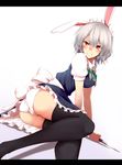  angry animal_ears ass bad_id bad_pixiv_id black_legwear blush bunny_ears bunny_tail clenched_teeth glaring izayoi_sakuya kemonomimi_mode knife letterboxed maid on_floor panties red_eyes silver_hair simple_background sitting solo tail tears teeth thighhighs touhou tsuchifumazu underwear white_panties 