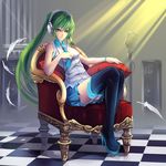  bad_id bad_pixiv_id bare_shoulders black_legwear boots chair checkered checkered_floor feathers full_body green_eyes green_hair hatsune_miku headphones light long_hair microphone rinbukyoku shadow sitting sleeveless solo speaker thigh_boots thighhighs twintails vocaloid zettai_ryouiki 