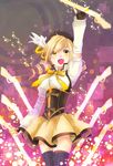  blonde_hair boots breasts corset detached_sleeves drill_hair fingerless_gloves gloves gun hair_ornament large_breasts magical_girl magical_musket mahou_shoujo_madoka_magica nokon pleated_skirt skirt solo thighhighs tomoe_mami weapon yellow_eyes zettai_ryouiki 