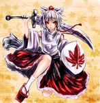  animal_ears bad_id bad_pixiv_id bare_shoulders daishou detached_sleeves faux_traditional_media hat inubashiri_momiji leaf maple_leaf oil_painting_(medium) red_eyes shield short_hair solo sword tail tokin_hat touhou weapon white_hair wolf_ears wolf_tail 