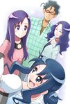  3girls blue_eyes blue_hair family father_and_daughter grey_hair heartcatch_precure! kurumi_erika kurumi_momoka kurumi_ryuunosuke kurumi_sakura long_hair mother_and_daughter multiple_girls precure purple_eyes purple_hair satogo short_hair siblings sisters 