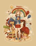  balloon book brown_hair cloud flower gift long_hair mikanniro open_mouth original pencil rainbow rocket ruler school_uniform scissors smile solo standing umbrella 