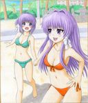  bad_id bad_pixiv_id barefoot bikini blue_eyes blush breasts clannad cleavage dragging frilled_bikini frills front-tie_top fujibayashi_kyou fujibayashi_ryou hair_intakes long_hair medium_breasts mitsu_(komainumilk) multiple_girls navel open_mouth perspective purple_eyes purple_hair shikishi siblings side-tie_bikini sisters smile swimsuit traditional_media twins 