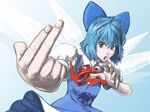 blue_eyes blue_hair bow cirno dress fighting_stance foreshortening hair_bow highres open_mouth short_hair solo touhou umami_(sakeikura) wings 
