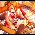  :3 book brown_eyes brown_hair desk fisheye foreshortening futami_ami idolmaster idolmaster_(classic) idolmaster_2 marker natsu_(anta_tte_hitoha) school_uniform short_hair side_ponytail solo 