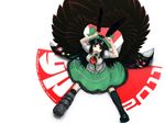  2011 arms_up arugeri asymmetrical_clothes black_hair black_legwear bow cape english feathers from_above green_bow hair_bow highres kneehighs long_hair mismatched_footwear new_year red_eyes reiuji_utsuho simple_background sitting solo spread_legs third_eye touhou wings 