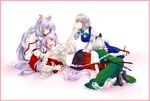  animal_ears bad_id bad_pixiv_id border bow braid color_connection detached_sleeves fangs fujiwara_no_mokou hair_bow hair_color_connection hair_ribbon hairband harem hat highres inubashiri_momiji izayoi_sakuya katana konpaku_youmu long_hair maid maid_headdress midriff multiple_girls pants red_eyes ribbon scabbard sheath short_hair silver_hair suspenders sword tail tears tokin_hat touhou twin_braids weapon wolf_ears wolf_tail yuri zatoukujira 