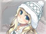  beanie blonde_hair blush breath closed_mouth face green_eyes hat head_tilt hoshii_miki idolmaster idolmaster_(classic) long_hair looking_at_viewer maru_(sara_duke) portrait smile solo winter_clothes 