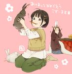  1girl animal_ears blush_stickers bunny bunny_ears chinese_zodiac eating fake_animal_ears father_and_daughter food fruit happy_new_year holding holding_up kotatsu mandarin_orange md5_mismatch mosuko mouth_hold new_year original simple_background sitting table wariza year_of_the_rabbit 