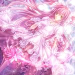 bad_id bad_pixiv_id bow_(weapon) choker dress dutch_angle flower frills gloves glowing hand_on_own_chest kaname_madoka klenow long_hair mahou_shoujo_madoka_magica pink_flower pink_hair pink_rose puffy_sleeves rose solo two_side_up ultimate_madoka weapon white_dress white_gloves yellow_eyes 