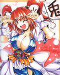  blush breasts cleavage hair_bobbles hair_ornament highres ichirino_minagi large_breasts one_eye_closed onozuka_komachi open_mouth red_eyes red_hair shikishi solo touhou traditional_media two_side_up wrist_cuffs 