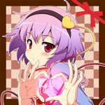  :&lt; ahoge blush border checkered checkered_background eyeball face hairband happy_valentine heart heart_hands komeiji_satori purple_hair red_eyes ribbon short_hair solo third_eye touhou upper_body valentine yamasan 