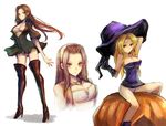  blonde_hair boots breasts brown_eyes brown_hair catiua_powell cleavage deneb_rove dress gloves hairband hat high_heels jewelry kara_(color) large_breasts long_hair multiple_girls necklace panties pantyshot pantyshot_(sitting) pumpkin purple_eyes sherri_phoraena shoes simple_background sitting smile tactics_ogre thigh_boots thighhighs underwear upper_body witch_hat 