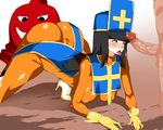  ass bad_proportions black_hair blue_eyes bodysuit breasts censored chunsoft dragon_quest dragon_quest_iii enix gloves hdkg highres large_breasts latex latex_gloves priest_(dq3) 