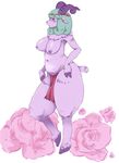  caprine chubby female flower flowers goat green_hair hair hooves horn horns loincloth mammal nipples overweight plain_background purple purple_body solo tail thighs topless underwear unknown_artist white_background 