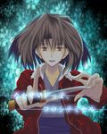  bloody_moon brown_eyes brown_hair glowing glowing_eyes jacket japanese_clothes kara_no_kyoukai kimono knife open_mouth red_jacket ryougi_shiki solo translated 