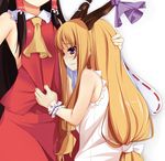  ascot bad_id bad_pixiv_id bare_shoulders black_hair blush hair_tubes hakurei_reimu head_out_of_frame height_difference highres holding_head horn_ribbon horns ibuki_suika long_hair multiple_girls nishimuku_meri no_bra orange_hair profile purple_eyes ribbon shirt shirt_grab simple_background sleeveless sleeveless_shirt tears touhou upper_body wrist_cuffs 