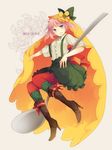  bad_id bad_pixiv_id boots food food_themed_clothes green_eyes high_heels kneehighs omurice open_mouth original pantyhose personification pink_hair polka_dot red_legwear sabutarou shoes short_hair solo spoon suspenders 