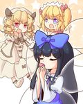  black_hair blonde_hair blue_eyes bow child cup dress drill_hair fairy hair_bow hat kozakura_(dictionary) long_hair luna_child multiple_girls red_eyes sakazuki star_sapphire sunny_milk touhou twintails wings 