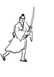  fighting_stance greyscale hade_na_kangofu hakama japanese_clothes katana male_focus monochrome original samurai sandals sheath sketch solo sword topknot weapon 