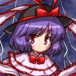  bow eruru_(erl) frills hat hat_bow nagae_iku purple_hair ribbon scarf short_hair solo touhou 