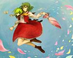  antennae aosaki ascot blush boots bug cape closed_umbrella green_eyes green_hair highres insect kazami_yuuka moth multiple_girls petals plaid plaid_skirt plaid_vest red_eyes short_hair skirt touhou umbrella vest wriggle_nightbug 