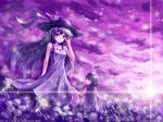  child d-ka-satellite dandelion dress field flower flower_field hat multiple_girls purple_dress purple_eyes purple_hair 