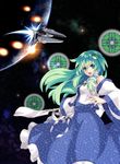  blush frog gohei gradius green_eyes green_hair hair_ornament highres kochiya_sanae long_hair options planet snake solo space space_craft star_(sky) starfighter sun touhou vic_viper yu-ves 