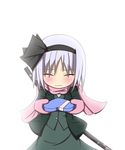  bad_id bad_pixiv_id black_hairband box closed_eyes gift hairband heart heart-shaped_box highres holding holding_gift incoming_gift jacket konpaku_youmu mittens scabbard scarf sheath silver_hair solo sumizome-hana touhou valentine vest 