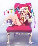  ascot bare_legs blonde_hair bobby_socks chair flandre_scarlet grune hat highres looking_at_viewer no_panties red_eyes short_hair side_ponytail skinny socks solo steepled_fingers throne touhou water white_legwear wings 