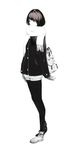  bag coat copyright_request covering_mouth full_body gloves greyscale monochrome pantyhose scarf short_hair solo sousou_(sousouworks) 