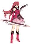  1girl bad_id bare_shoulders blue_eyes boots brown_hair cosplay double-blade dress elbow_gloves eyepatch frills full_body gloves heavy_spear_(evangelion) holding holding_sword holding_weapon interface_headset long_hair mahou_shoujo_madoka_magica mahou_shoujo_madoka_magica_(anime) neon_genesis_evangelion nishieda photoshop_(medium) rebuild_of_evangelion sakura_kyoko sakura_kyoko_(cosplay) sakura_kyoko_(magical_girl) simple_background solo souryuu_asuka_langley sword weapon wings 