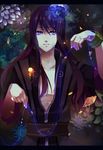  abs bad_id bad_pixiv_id black_hair blue_eyes bracelet dark expressionless flower glowing jewelry long_hair male_focus open_clothes ouri solo string tales_of_(series) tales_of_vesperia yuri_lowell 