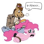  bdsm blue_eyes bondage bound bow brush crossover equine female feral friendship_is_magic full_metal_panic!_fumoffu fur horse jeans mammal my_little_pony pink_fur pinkie_pie_(mlp) plain_background pony unknown_artist white_background 