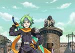  1girl ahoge aura_(wild_arms) blonde_hair bodysuit cloud day dress fang gloves green_hair hand_on_hip headband kei_(inu_no_ura) looking_at_viewer messy_hair pauldrons scarf short_hair sky smile stairs sword weapon wild_arms wild_arms_1 zed 
