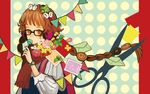  24_(24phage) brown_hair candy food glasses hair_ornament lollipop long_hair original postage_stamp scarf scissors solo very_long_hair watch 