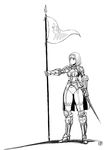  armor bokkori flag greaves greyscale hairband monochrome original polearm short_hair solo spear standing sword weapon 