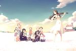  bad_id bad_pixiv_id bow_(instrument) brown_hair character_request child cloud dress field flower flower_field freya_gaudry happy hidaka_nami instrument long_hair meteor_methuselah multiple_girls petals priest rain_jewlitt short_hair sky uniform violin yuca_collabel 