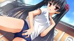  black_hair buruma fingering game_cg gym_uniform kobuichi long_hair masamune_shizuru masturbation masturbation_through_clothing noble_works red_eyes solo twintails 