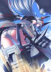  ass blue_hair bodysuit brown_eyes eyepatch highres infinite_stratos laura_bodewig legs leotard long_hair looking_back mecha_musume pilot_suit piro_(orip) schwarzer_roegen sky solo weapon 