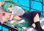  absurdres dress green_eyes green_hair hatsune_miku highres long_hair lying pillow project_diva_(series) project_diva_2nd solo thighhighs twintails very_long_hair vocaloid wanzawanza 