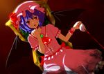  anime_coloring bad_id bad_pixiv_id bat_wings blood chair cup dutch_angle finger_to_mouth hat highres looking_at_viewer marie_no13 pointy_ears purple_hair red_eyes remilia_scarlet short_hair sitting solo spilling tea teacup touhou twilight wings 