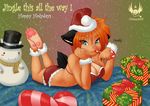  :3 bed blue_eyes bra canine cleavage eldiman female gift hat inuki_(character) on_front orange_hair panties pose santa_hat skimpy solo underwear xmas 