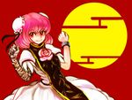  bandages bun_cover cuffs double_bun dress flower ibaraki_kasen kitayuki_kajika pink_flower pink_hair pink_rose red_eyes rose short_hair smile solo tabard touhou 